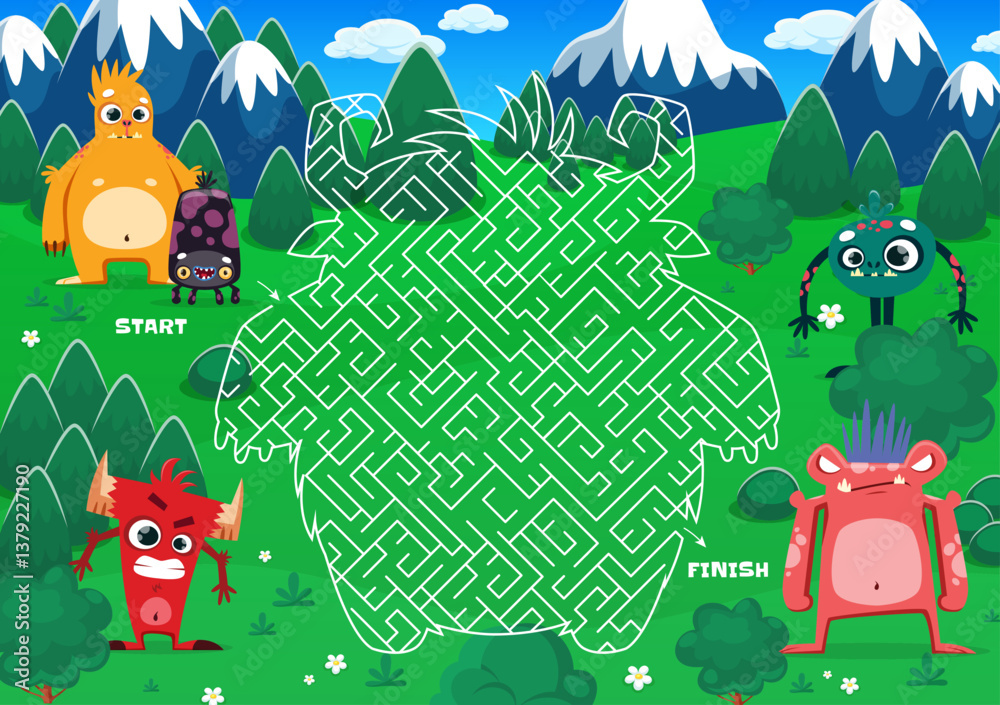 Aufkleber Labyrinth maze game with funny cartoon monster characters. Vector worksheet shaped like a large monster, challenges players to find the correct path from start to finish navigating through obstacles