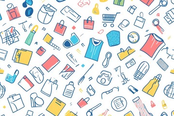 Colorful seamless pattern with outlined icons of clothing and shopping accessories for fashion and retail themes