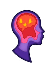 Light bulb ideas in paper cut human head. 3d vector layered papercut frame in shape of male head profile, with glowing light bulbs symbolizing thoughts, insight, mind and inspiration inside the brain
