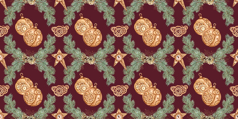 Fir branches, cones, grass, golden balls, gears, star composition for New Year and Christmas watercolor illustration, hand drawn. Seamless pattern with winter plants, isolated burgundy background.
