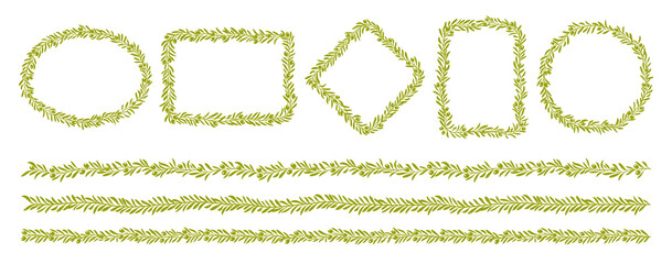Olive frames, green dividers and borders with leaves and tree branches. Vector olive tree branches wreaths and plant vines garlands with green leaves and fruits. Greek vegetable oil plant frames set © Vector Tradition