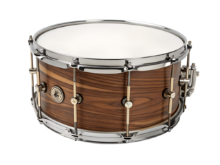 Wooden snare drum with chrome hardware and transparent background