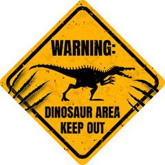 Danger dinosaur zone warning sign with claw scratch marks, vector yellow banner. Grunge metal sign with dinosaur or Jurassic lizard for danger zone caution or dinosaur area keep out warning signboard © Vector Tradition