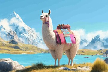 Charming Peruvian llama with vibrant textiles in scenic Andean landscape