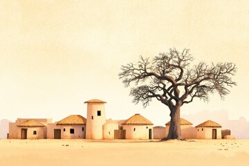 Traditional African village with round huts and baobab tree set against a warm earthy background