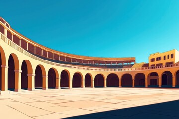Fototapeta premium Vibrant Spanish bullring with grandstands and arched entryways under clear sky