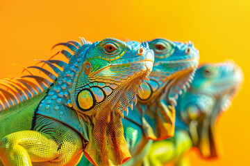 Fototapeta premium Stylish iguana reptile friends group on solid vibrant backdrop for advertising campaigns