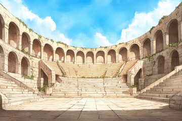Obraz premium Magnificent depiction of an ancient amphitheater with tiered seating and arches under an open sky