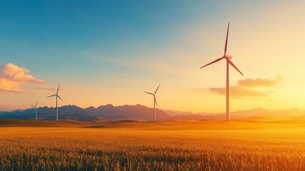 Obraz premium Wind turbines in a golden field at sunset, symbolizing renewable energy and sustainability.