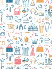 Colorful seamless pattern featuring outlined clothing icons and shopping accessories ideal for fashion and retail themed designs