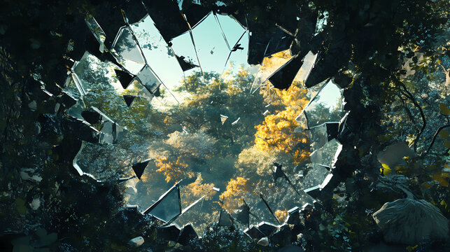 A scene of a distorted forest reflected in a shattered mirror the reflection hinting at a world beyond reality filled with illusions and trickery. Shattered Reality. Illustration