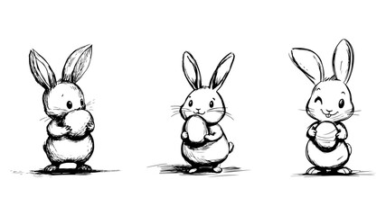 Fototapeta premium Adorable Easter Bunny Holding an Egg – Hand-Drawn Black and White Illustration