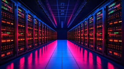 Futuristic data center with illuminated servers creating a vibrant corridor effect.