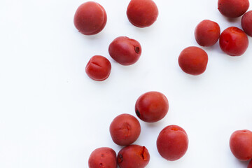 Umeboshi, Japanese pickled plums, Sour and salty taste.