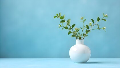 A still life photograph features a white vase holding delicate green sprigs, set against a textured blue background with soft, diffused lighting