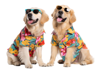 Golden retrievers in summer shirts and sunglasses, all set