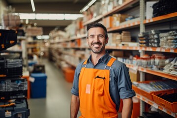 Portrait of happy salesman standing at hardware store