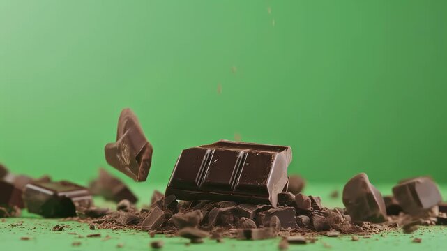 Pieces of dark chocolate bar fall and land on a pile of grated chocolate on a seamless green screen background, perfect for compositing and visual effects