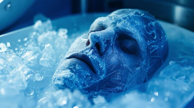 This human figure in ice symbolizes cryonics progress and future space missions.