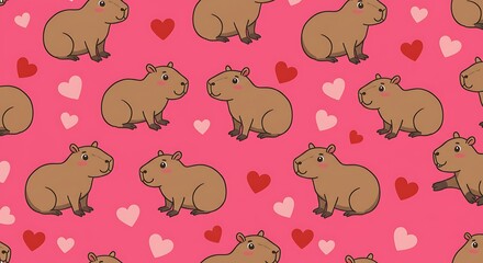 Obraz premium Adorable Capybara Valentine Pattern Pink Hearts Love AI Generated