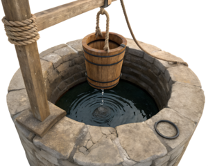Wooden bucket hanging above a stone well with rippling water