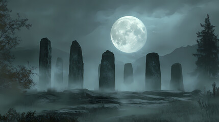 A mysterious stone circle under a full moon, shrouded in mist, evokes a sense of ancient rituals and lost civilizations. Lost Horizon. Illustration