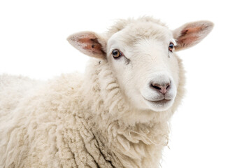 Close up of a sheep with fluffy wool against transparent background