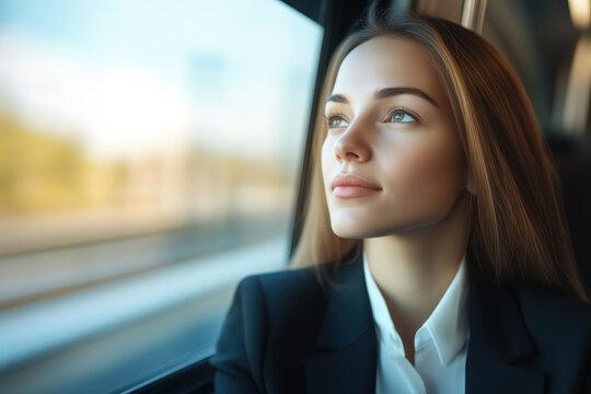 Businesswoman traveling by train gazing thoughtfully out the window with soft light reflecting contemplative expression comfort and peaceful atmosphere representing journey solitude and urban transit
