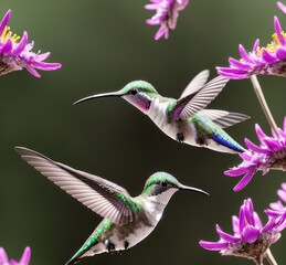 Fototapeta premium A hummingbird flies by a bright flower, its feathers catching the sunlight in a brilliant dance of colors. Generated AI