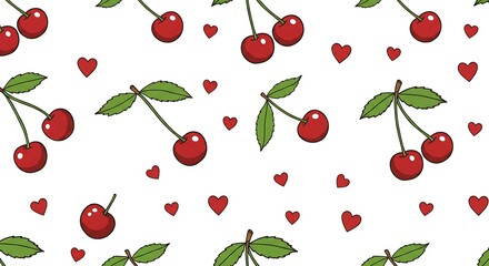 Sweet Cherry Love Pattern Red Hearts White Background AI Generated