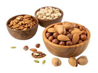 Various nuts in wooden bowls arranged on a transparent background