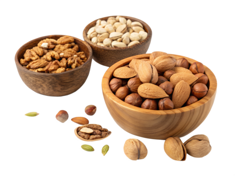 Various nuts in wooden bowls arranged on a transparent background