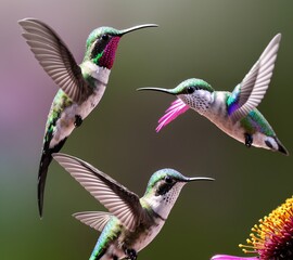 Fototapeta premium A hummingbird flies by a bright flower, its feathers catching the sunlight in a brilliant dance of colors. Generated AI