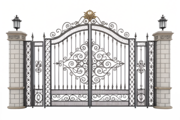 Elegant wrought iron gate with ornate design and lanterns