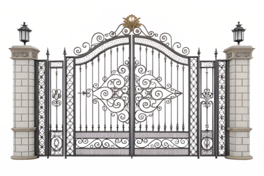 Elegant wrought iron gate with ornate design and lanterns