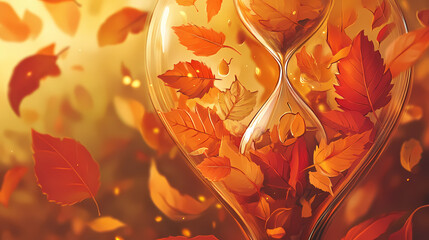 Autumn leaves in hourglass symbolizing passing time seasonal change. Evaporated Time. Illustration