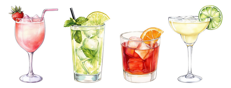 Set of cocktails. Stylish watercolor drinks. Beverage clipart.