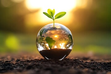 Seedling Growing in Earth Globe on Soil at Golden Hour with Warm Bokeh Background