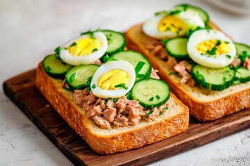 Delicious open-faced sandwich showcases a hearty layer of tuna topped with sliced boiled eggs and fresh cucumber. Perfect for a light lunch or snack option