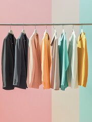 Elegant minimalist business clothing collection displayed against pastel backgrounds