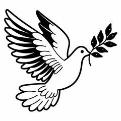 Obraz premium vector illustration of a black and white icon of a dove with olive branch icon in white background