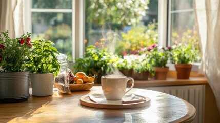 A steaming cup of coffee rests on a round wooden table, near an open window with a morning breeze.