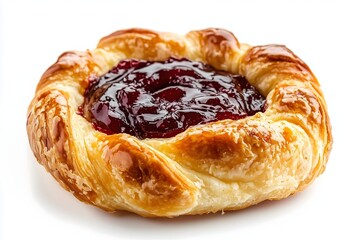 Fototapeta premium A close-up of a puff pastry with jam in the middle on a white background