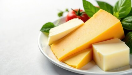 Assortment of Italian cheeses on white, simple backdrop, parmesan, ingredients, background