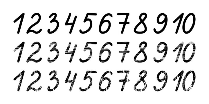 Set of black handwritten numbers: 1,2,3,4,5,6,7,8,9,10. Vector illustration of alphabet signs with with textured spots for math design, kids themes, texts, poster printing.