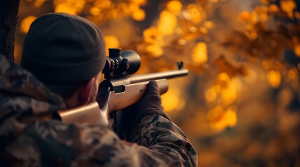 Fototapeta premium a hunter in the forest, who is targeting his prey with his shooting lens, and sunlight which makes it very aesthetically clean
