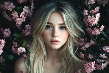 Naklejka premium Commercial digital ads creative. Attractive caucasian young woman surrounded by cherry blossoms. Spring mood, dark night and warm mystic light - complementary lighting.