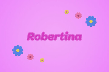Robertina female girl name illustration in pink with blossoms, flowers