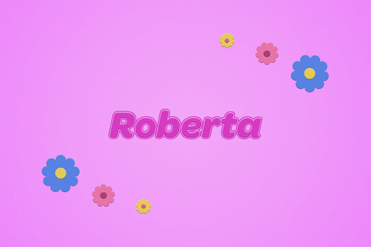 Roberta female girl name illustration in pink with blossoms, flowers