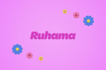 Ruhama female girl name illustration in pink with blossoms, flowers